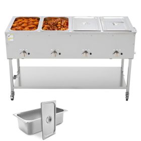 4-Pan Commercial Propane Steam Table, LP Gas Outdoor Soup Warmer with Drain Valve and 3" Wheels